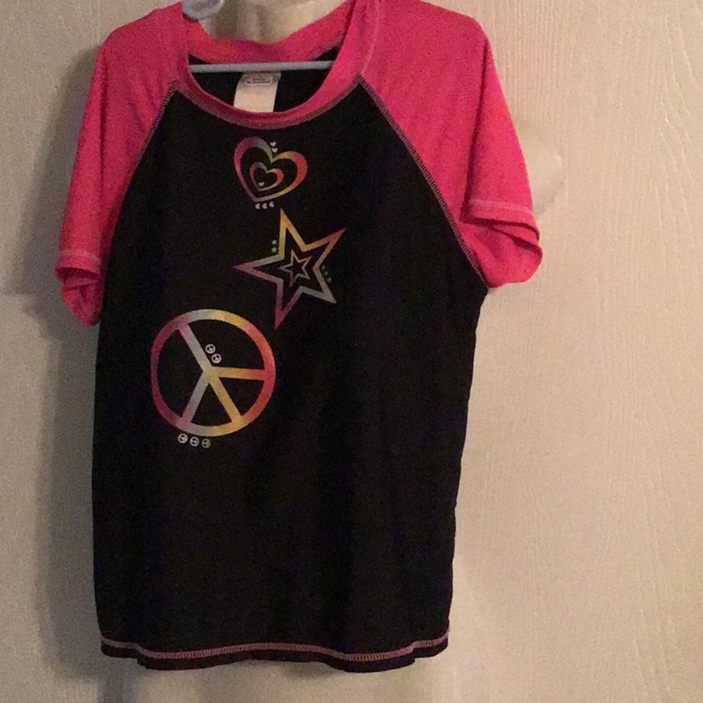 Xhilaration swimming top XL (14-16) girls pink black HeartStar peace sign